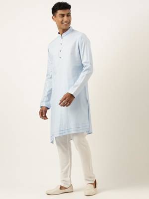 Powder blue jacquard jacket w blue cotton kurta 3