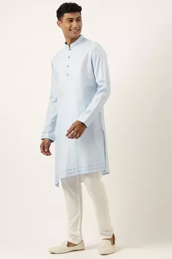 Powder blue jacquard jacket w blue cotton kurta