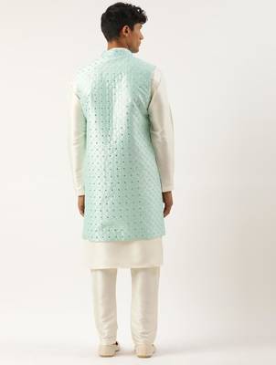 Turquise mirror embroidery open jacket kurta set 2