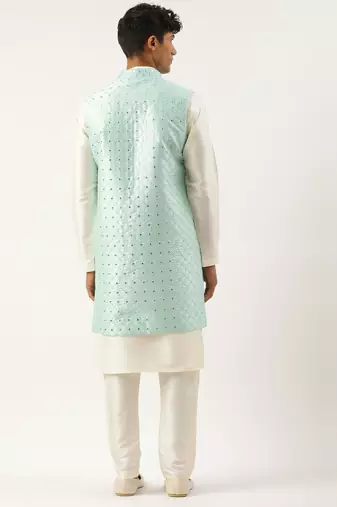 Turquise mirror embroidery open jacket kurta set