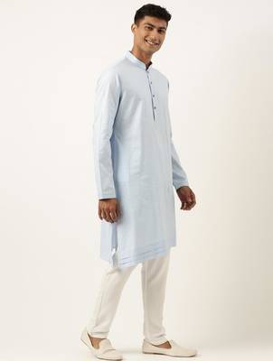 Powder blue jacquard jacket w blue cotton kurta 4