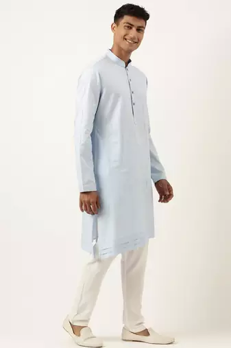 Powder blue jacquard jacket w blue cotton kurta
