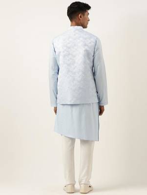 Powder blue jacquard jacket w blue cotton kurta 5