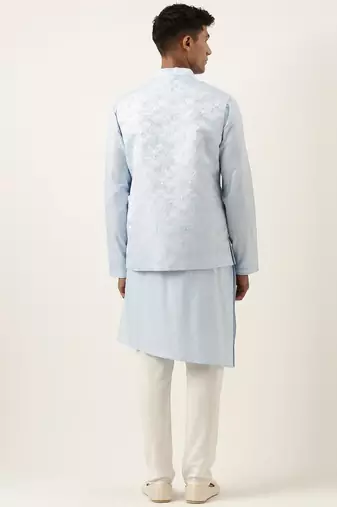 Powder blue jacquard jacket w blue cotton kurta