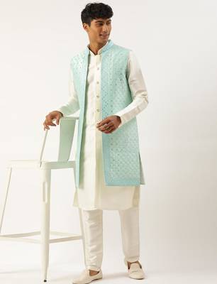Turquise mirror embroidery open jacket kurta set 4