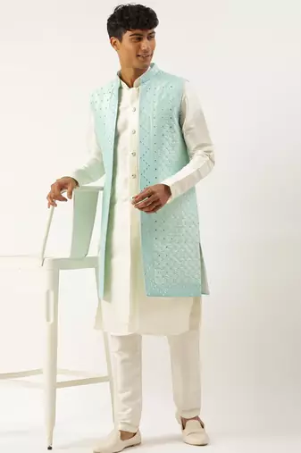 Turquise mirror embroidery open jacket kurta set