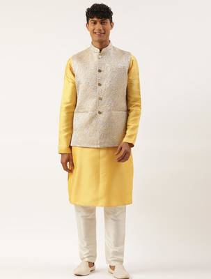 mustard geometric premium textured jacket with mustard kurta 1