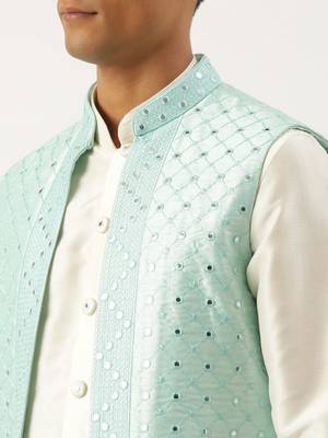 Turquise mirror embroidery open jacket kurta set 5