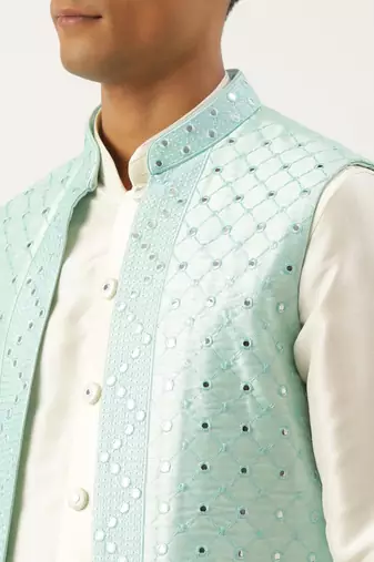 Turquise mirror embroidery open jacket kurta set