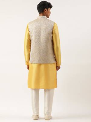 mustard geometric premium textured jacket with mustard kurta 2