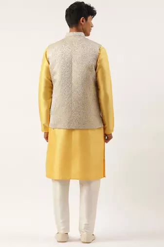 mustard geometric premium textured jacket with mustard kurta