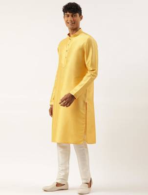 mustard geometric premium textured jacket with mustard kurta 3