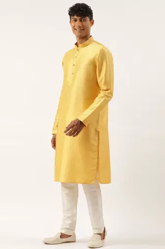 mustard geometric premium textured jacket with mustard kurta