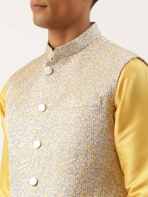 mustard geometric premium textured jacket with mustard kurta 4