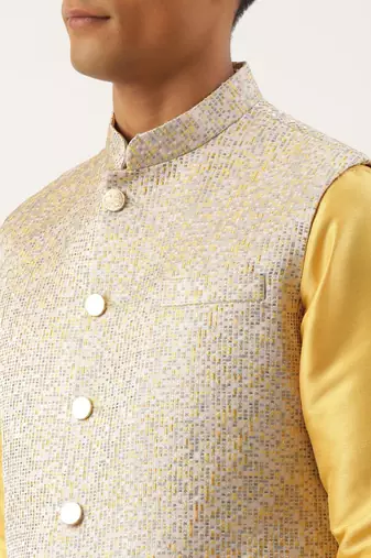mustard geometric premium textured jacket with mustard kurta