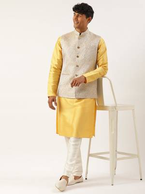 mustard geometric premium textured jacket with mustard kurta 5