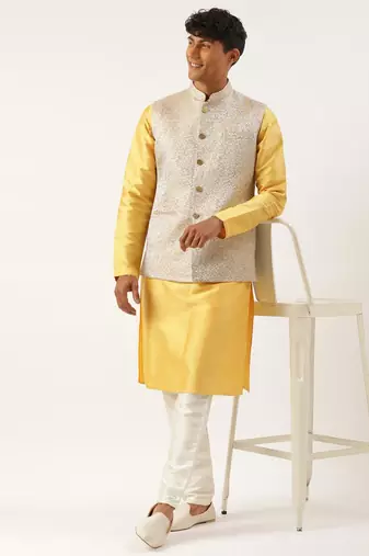 mustard geometric premium textured jacket with mustard kurta