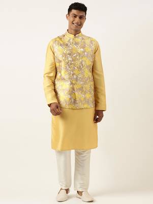 Yellow floral jacquard angrakha jacket with beige kurta 1
