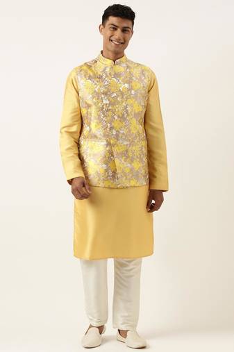 Yellow floral jacquard angrakha jacket with beige kurta