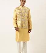Yellow floral jacquard angrakha jacket with beige kurta