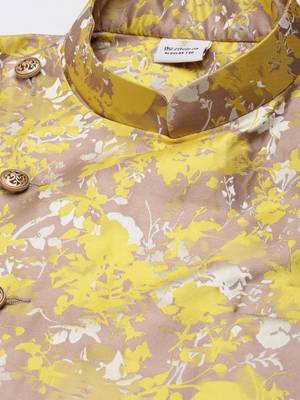 Yellow floral jacquard angrakha jacket with beige kurta 2