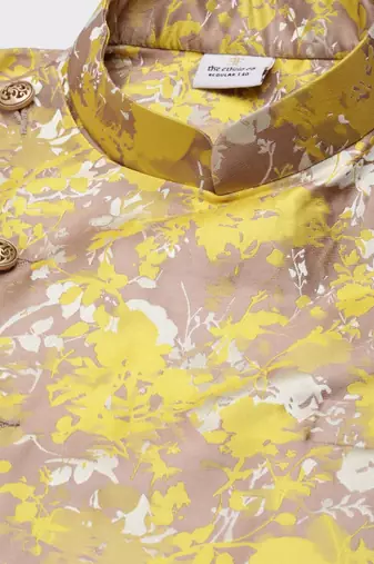Yellow floral jacquard angrakha jacket with beige kurta
