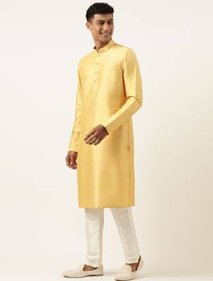 Yellow floral jacquard angrakha jacket with beige kurta 3