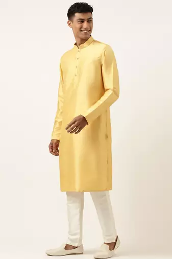 Yellow floral jacquard angrakha jacket with beige kurta