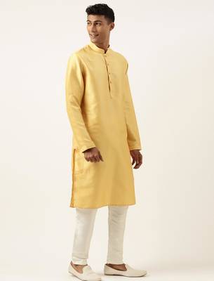Yellow floral jacquard angrakha jacket with beige kurta 4