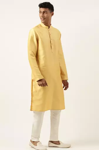 Yellow floral jacquard angrakha jacket with beige kurta