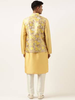 Yellow floral jacquard angrakha jacket with beige kurta 5