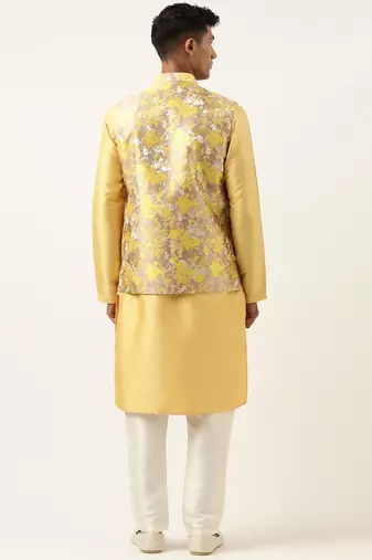 Yellow floral jacquard angrakha jacket with beige kurta