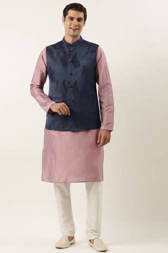 Navy pink jacquard jacket with pink kurta
