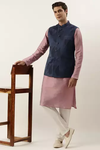 Navy pink jacquard jacket with pink kurta