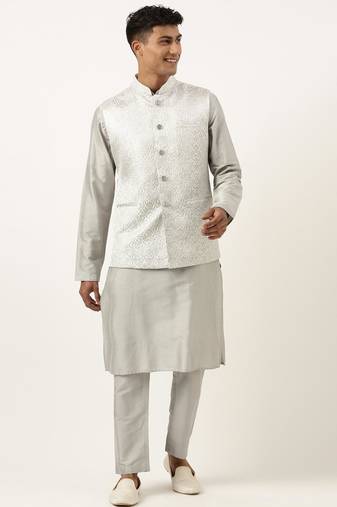 Steel grey jacquard jacket with  grey kurta