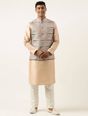 Grey peach jacquard jacket with peach kurta 1