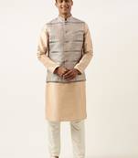 Grey peach jacquard jacket with peach kurta