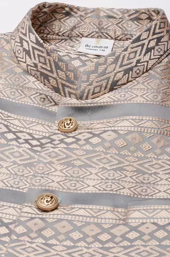 Grey peach jacquard jacket with peach kurta
