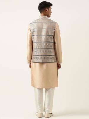 Grey peach jacquard jacket with peach kurta 5