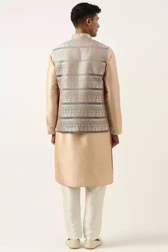 Grey peach jacquard jacket with peach kurta