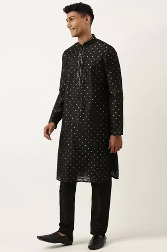 Black chanderi jacquard jacket with black booti chanderi jacquard kurta
