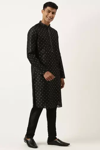 Black chanderi jacquard jacket with black booti chanderi jacquard kurta