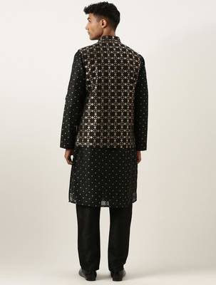 Black chanderi jacquard jacket with black booti chanderi jacquard kurta 5