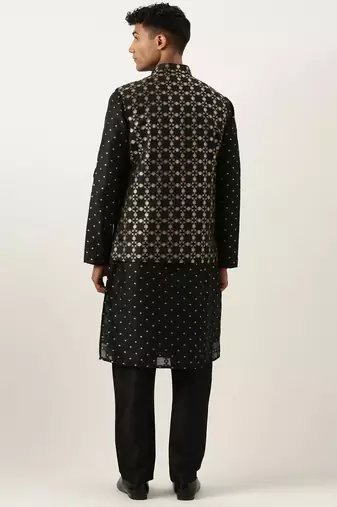 Black chanderi jacquard jacket with black booti chanderi jacquard kurta