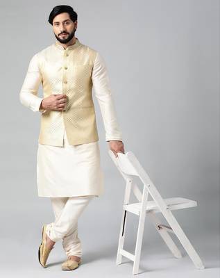 Cream diamond gold motif jacket with cream kurta 1