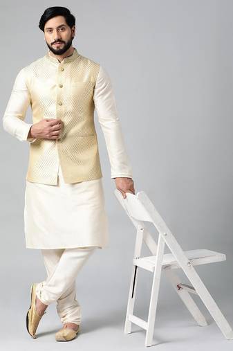 Cream diamond gold motif jacket with cream kurta