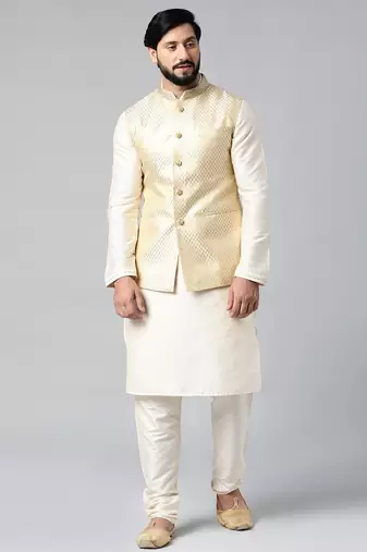 Cream diamond gold motif jacket with cream kurta