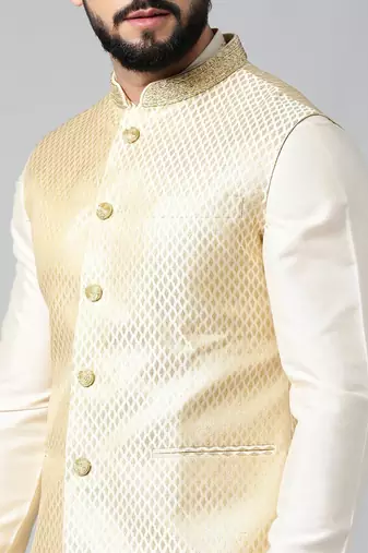 Cream diamond gold motif jacket with cream kurta