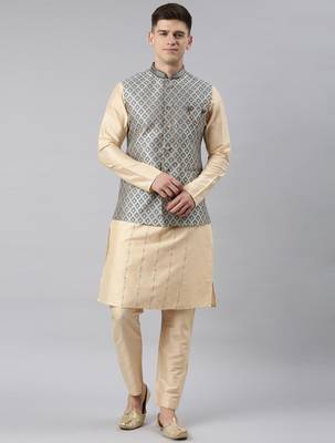 Grey chanderi silk jacket with cream kurta 1