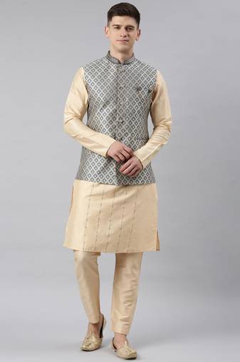 Grey chanderi silk jacket with cream kurta